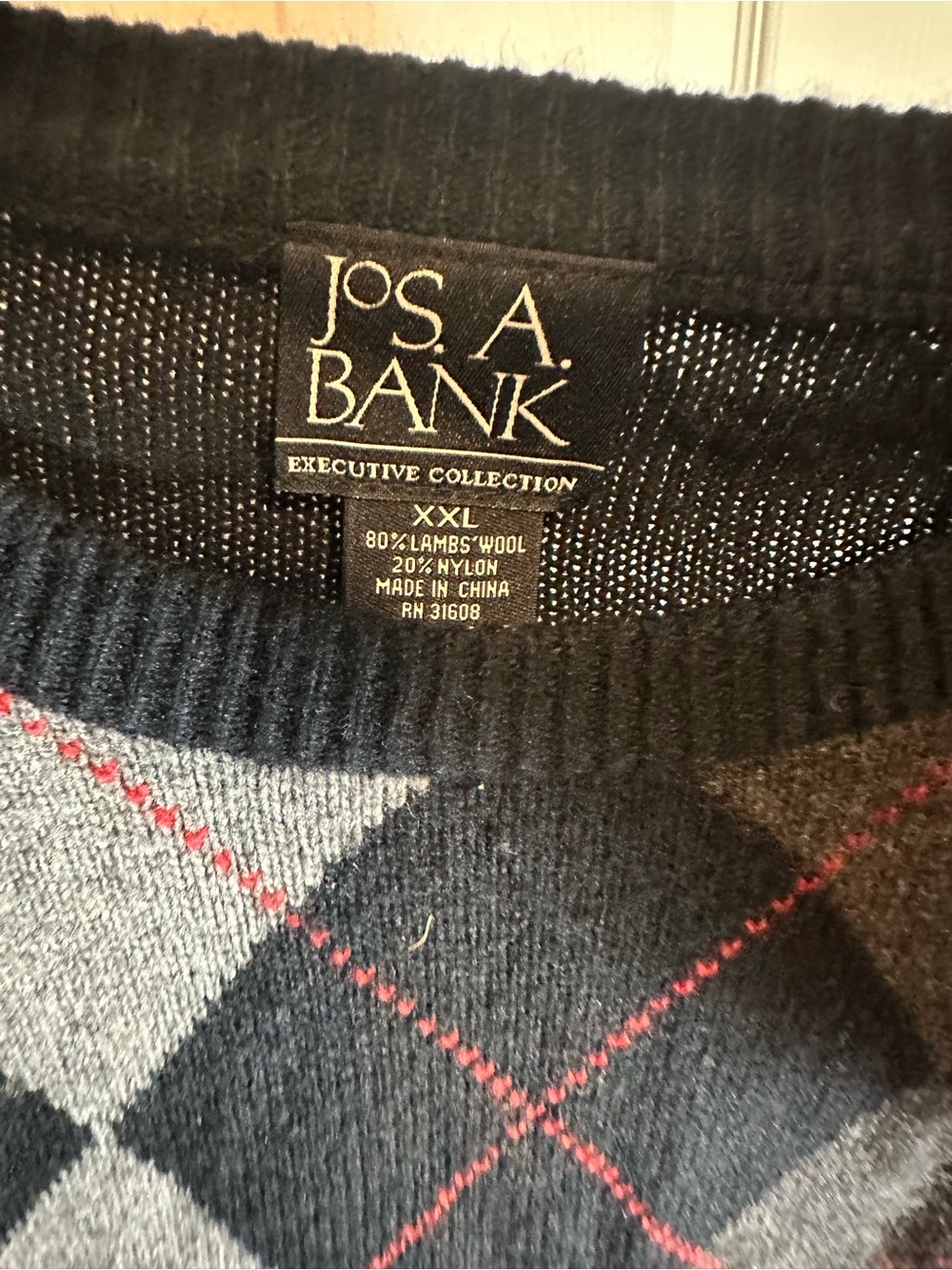 Jos. A. Bank Black & Gray Argyle Crewneck Sweater with Red Accents - Picture 3 of 3